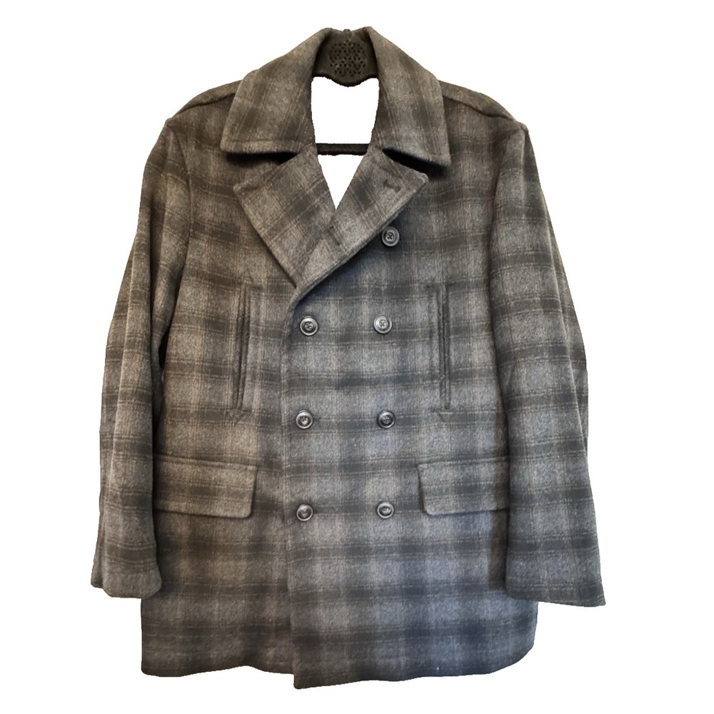 Joseph Abboud Mens M Wool Blend Gray Plaid Peacoat Double Breasted Classic Coat